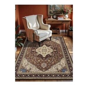 New w Tags 4 X 6 Brown Beige Area Rug Machine Washable Rug w Non Slip Backing